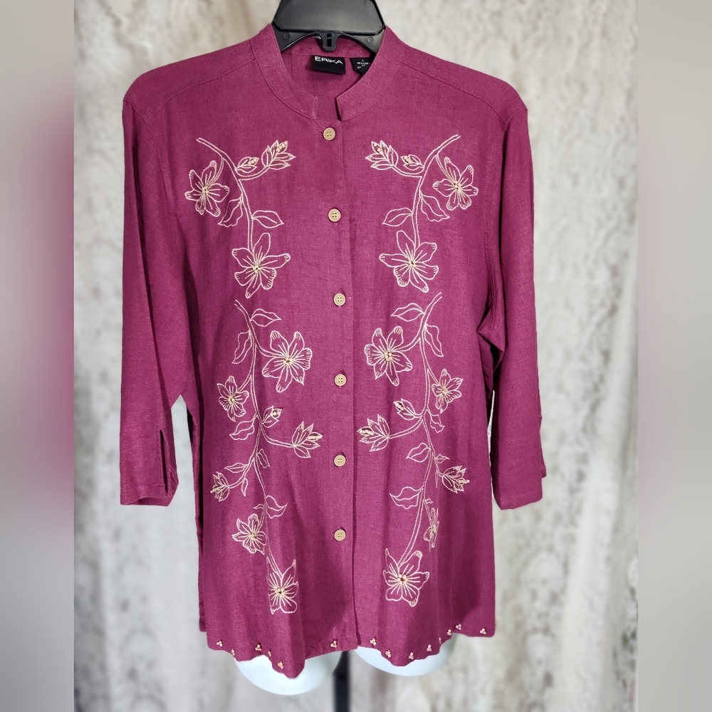 Erika Women's Floral Embroidered Top - Raspberry NWOT